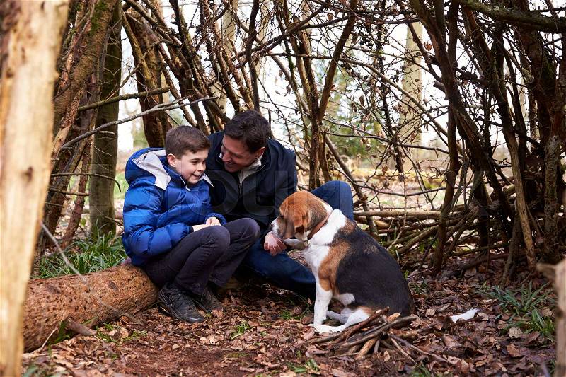 Father and son talking, under a shelter of branches with dog, stock photo