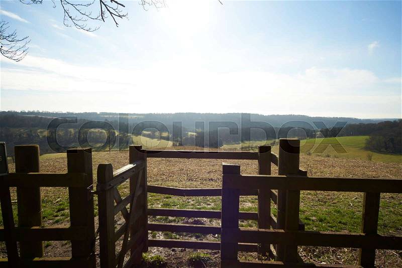 Fence and kissing gate in a rural landscape, stock photo
