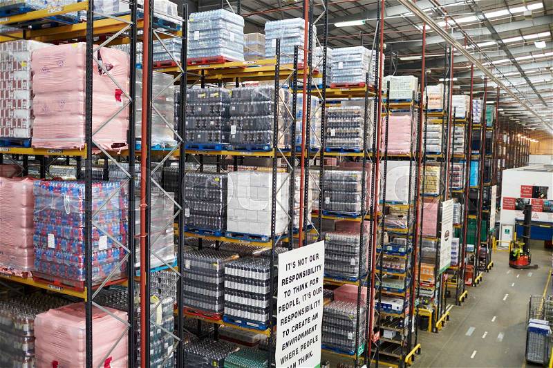 Stored goods in large distribution warehouse, elevated view, stock photo