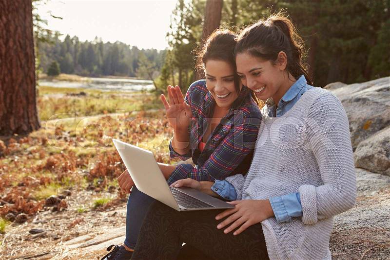 Happy lesbian couple using computer in the countryside, stock photo