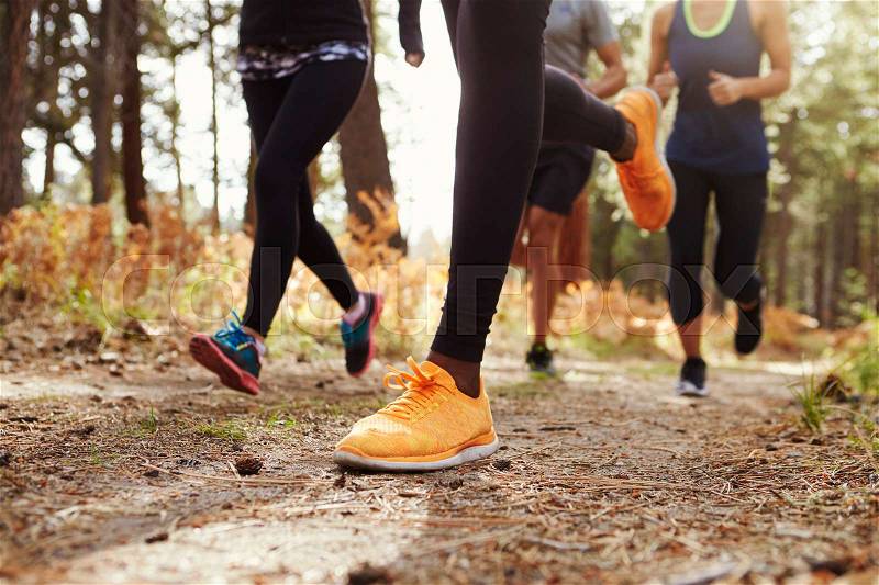 Legs and shoes of four young adults running in forest, crop, stock photo