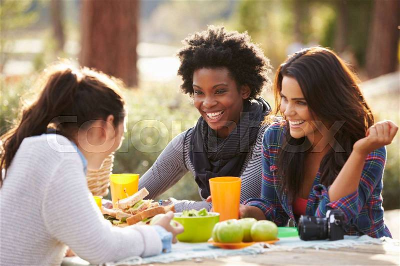 Three female friends talking at a picnic table, stock photo
