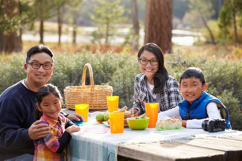 Asian family at a picnic table looking to camera, stock photo