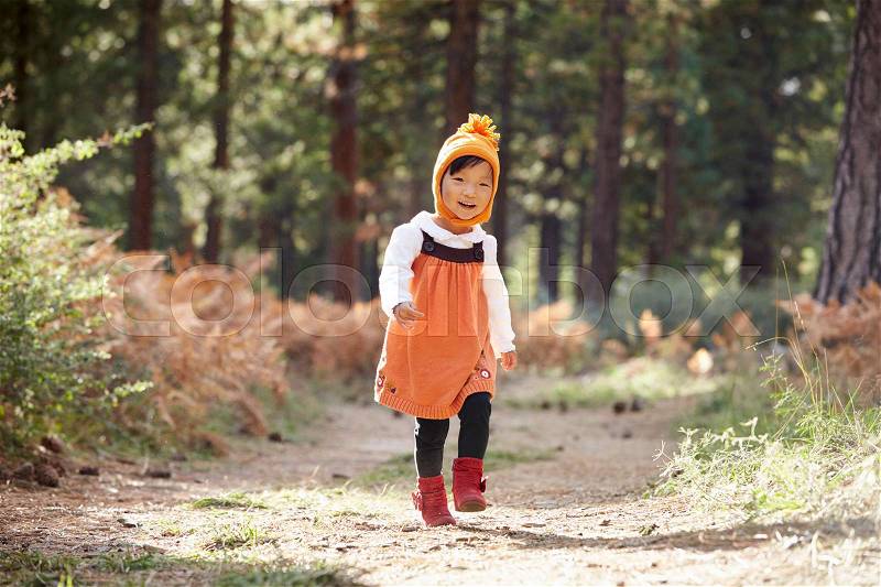 Asian toddler girl walking alone in a forest, front view, stock photo