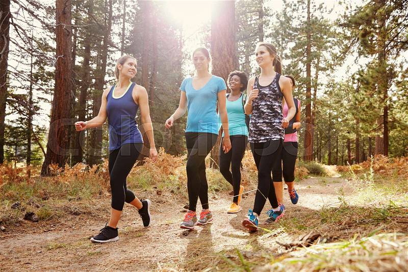 Group of women runners walking in a forest talking, close up, stock photo