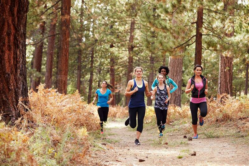 Group of young adult women running in a forest, stock photo