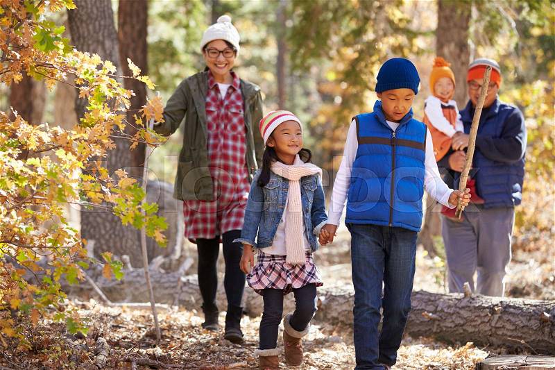 Asian family of five enjoying a hike in a forest, close up, stock photo