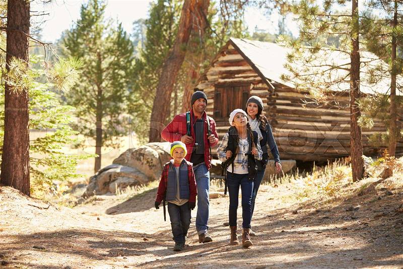 Family walking away from a log cabin in a forest, stock photo