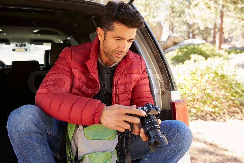 Man sits in the open back of car in forest checking camera, stock photo