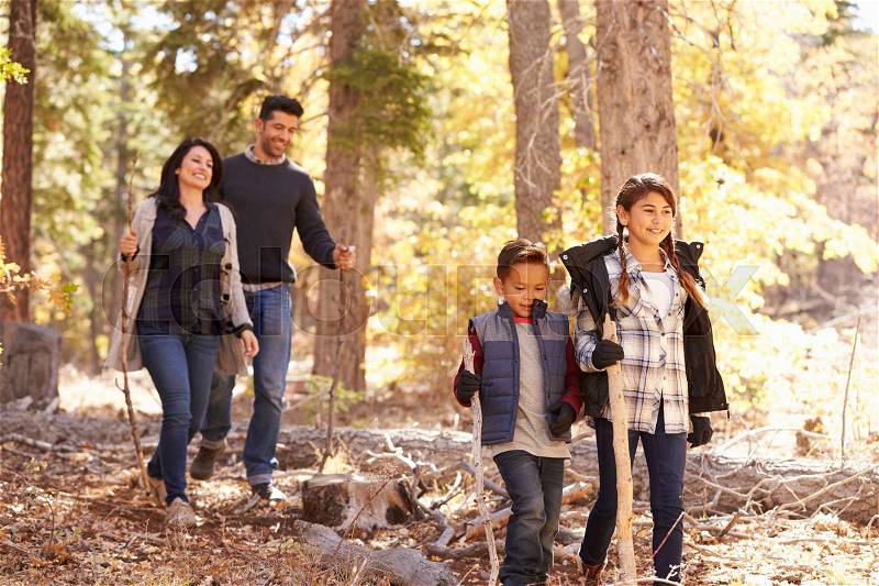 Close up of happy Hispanic family hiking in forest, close up, stock photo