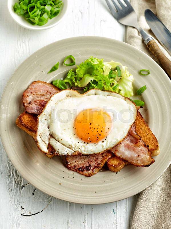 Fried egg, bacon and toasted bread on plate, stock photo