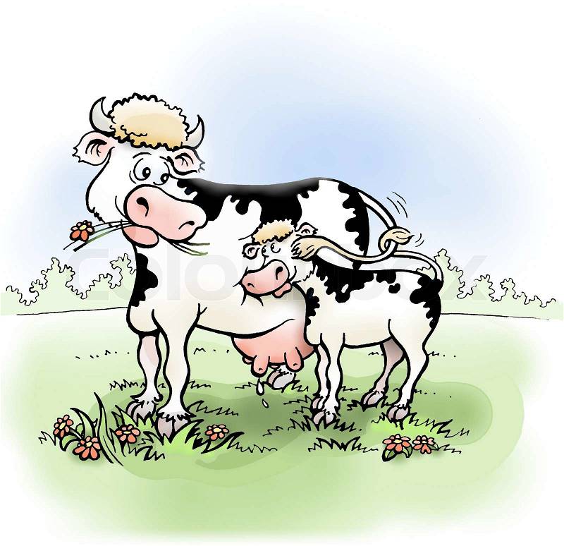 Cartoon of a cow in a meadow with het calf, stock photo