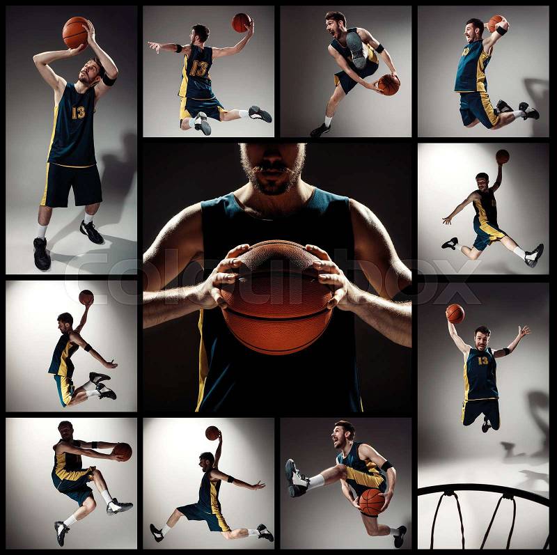 Collage of basketball photos - ball in hands and male player on gray background, stock photo