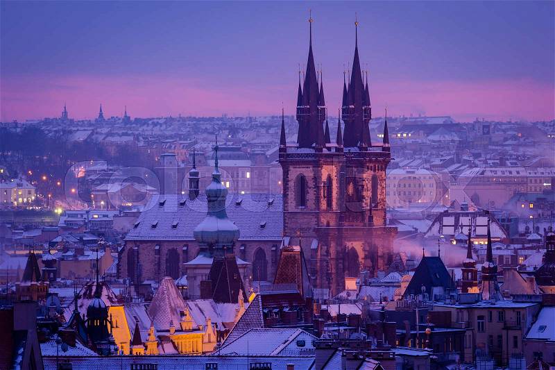 Prague church in morning light. Prague in winter, stock photo