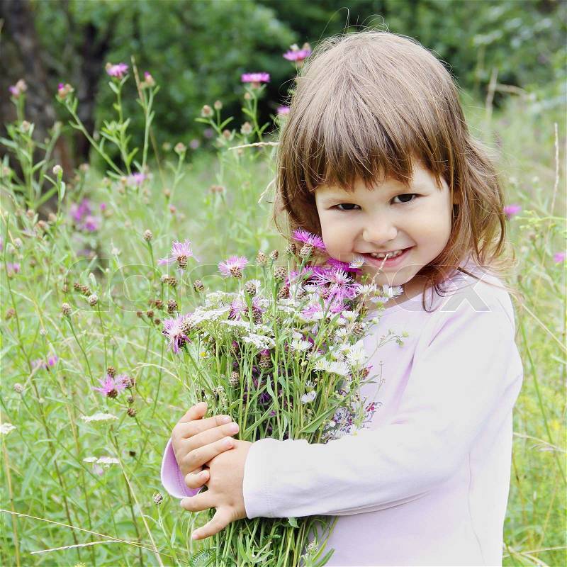 Smiling Adorable Girl with Bunch of Flowers Portrait, stock photo