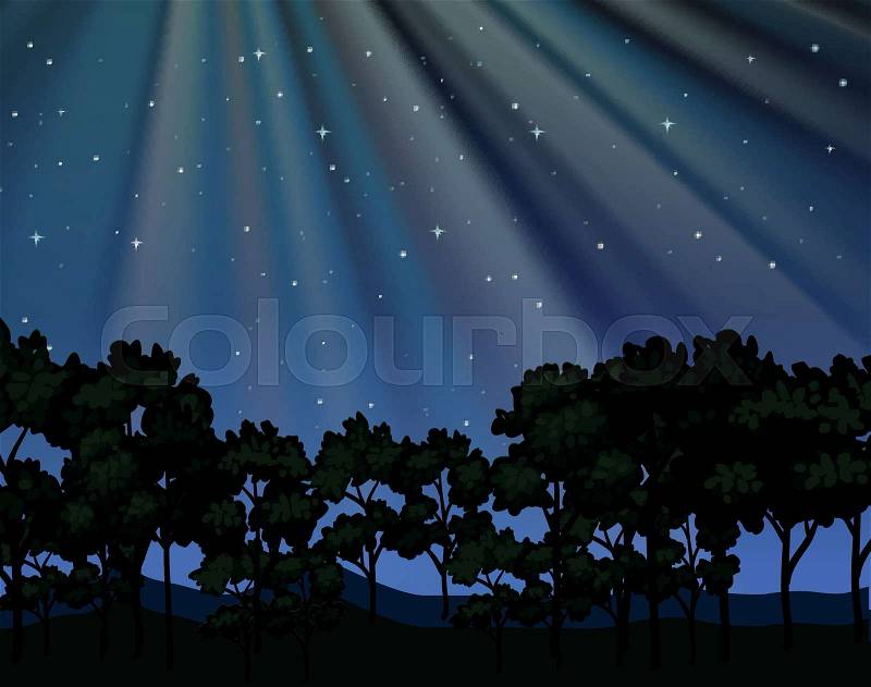 Nature scene with forest at night illustration, vector