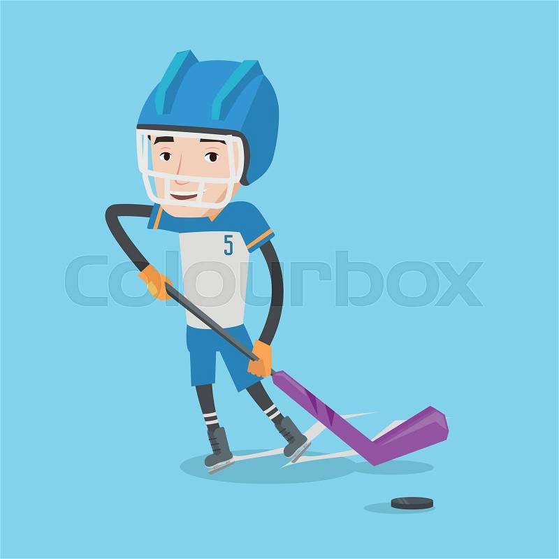 Young ice hockey player skating on ice rink. Ice hockey player with a stick. Sportsman playing ice hockey. Vector flat design illustration. Square layout, vector