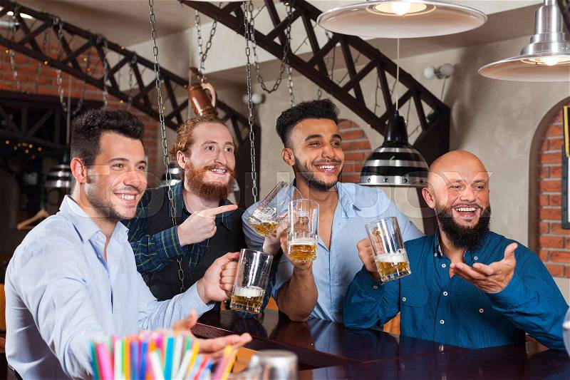 Man Group In Bar Hold Empty Beer Glasses, Standing At Counter Order Barman, Mix Race Cheerful Friends Meeting Pub Communication, stock photo