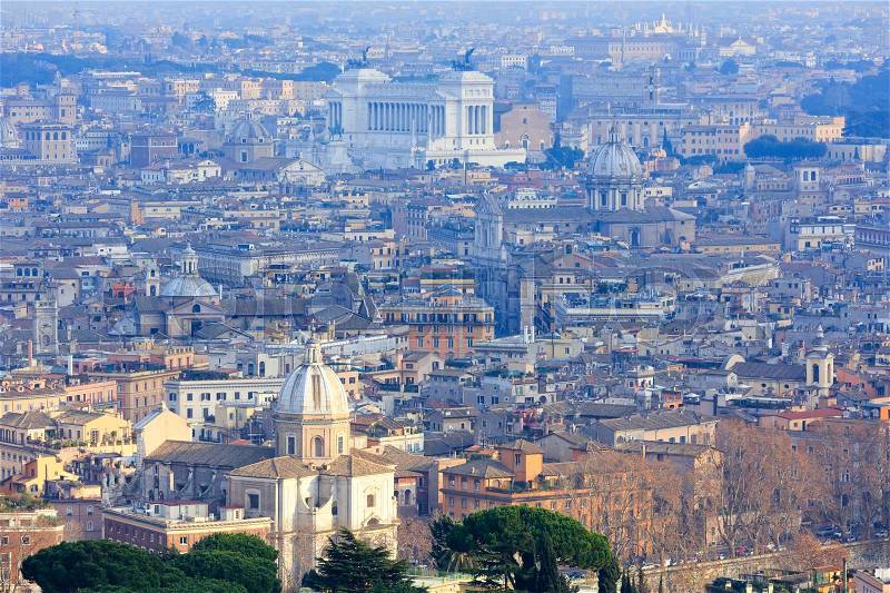 Rome City top view from St. Peter Basilica dome in Vatican City, stock photo