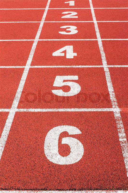 Stadium running track with the numbers from one to six, stock photo
