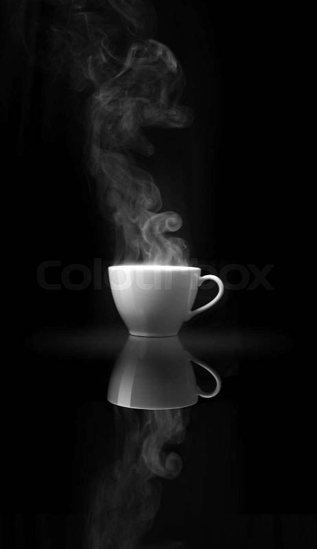 Smoke above white coffee cup on black mirror, stock photo