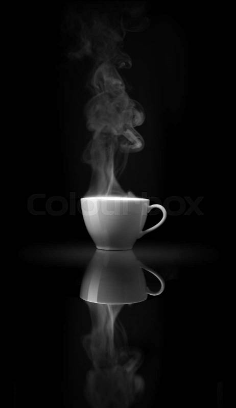 Smoke above white coffee cup on black mirror, stock photo