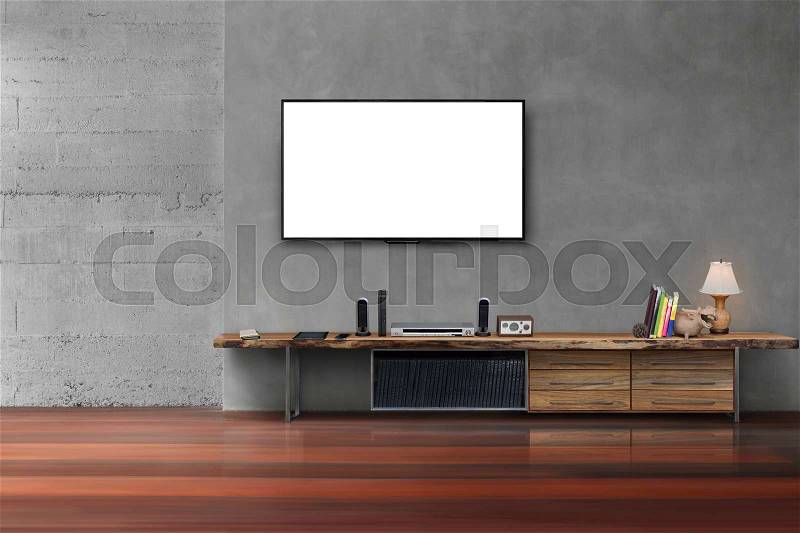 Living room led blank screen tv on concrete wall with wooden table media furniture modern loft style, stock photo