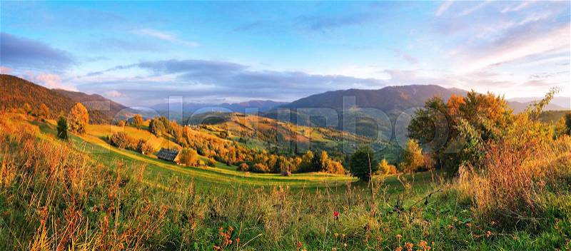 September rural scene in mountains. Autumn Carpathian panorama, stock photo