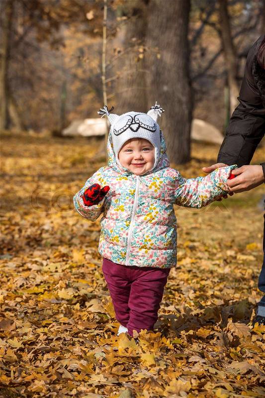 The little baby girl standing in the autumn leaves, stock photo