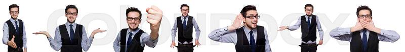 Collage of funny businessman on white, stock photo