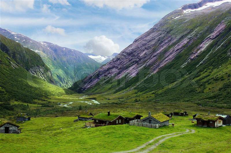 Scenic Winding Road in Norway. Green Summer Valley near Stryn, Norway. Mountain Valley Landscape, stock photo