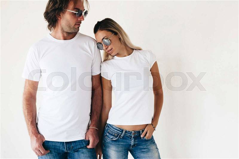 Download Two hipster models man and woman wearing blanc t-shirt ...