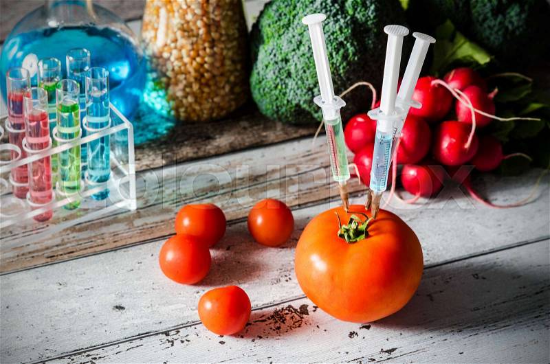 Three syringes in tomato. Genetically modified food concept on wooden background, stock photo