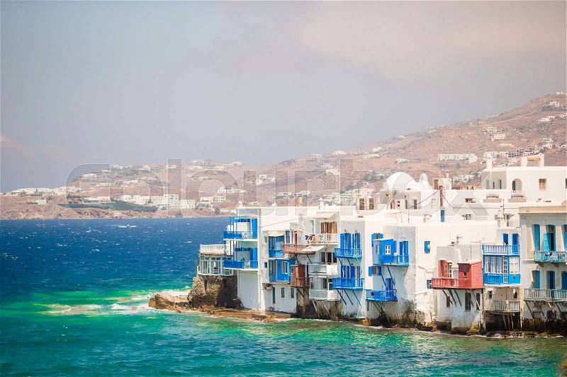 Little Venice the most popular attraction in Mykonos Island Greece, Cyclades, stock photo