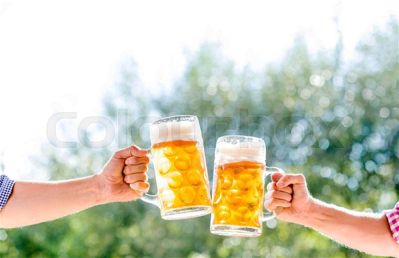 Hands of two unrecognizable men holding mugs of beer, clinking. Oktoberfest. Sunny summer garden, stock photo