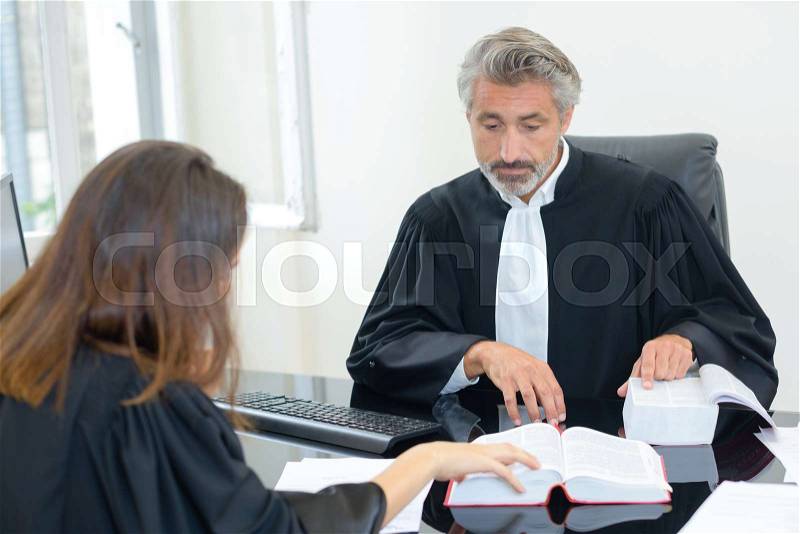 Two legal workers referring to reference book, stock photo