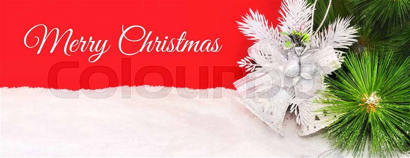 Bright Merry Christmas background with a snow and bell. Greeting card, poster, banner and other your projects, stock photo