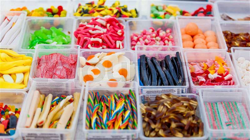 Assorted candy in a market. colorful candies and jellies, stock photo