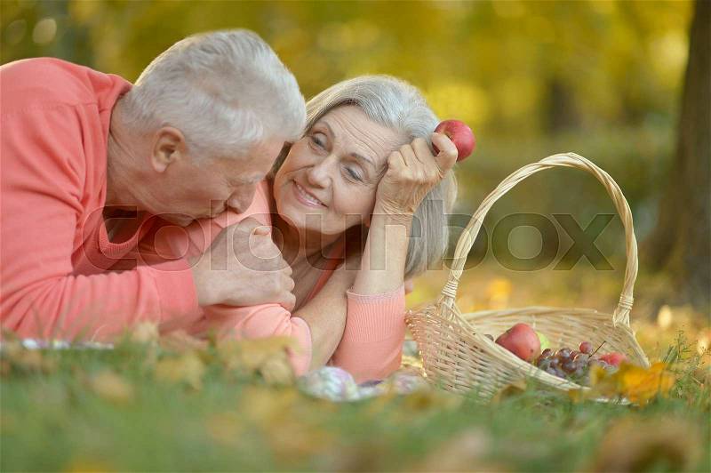 Loving elderly couple having a picnic at park, stock photo