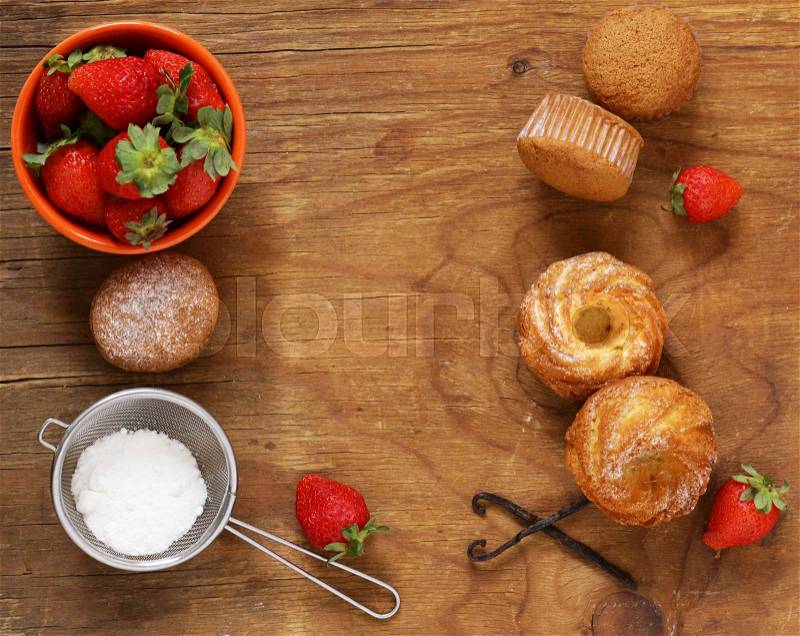 Homemade pastries, sweet muffins with powdered sugar, stock photo