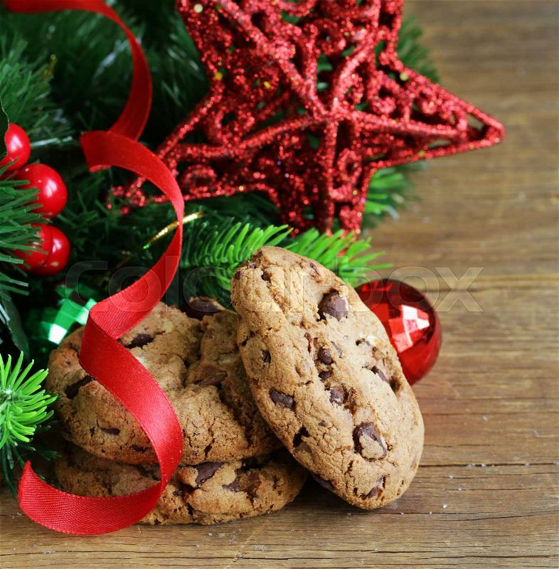 Round cookies with chocolate, Christmas decorations, stock photo
