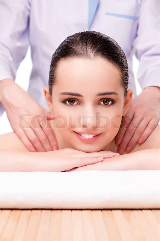 Young beautiful woman in health concept on white background, stock photo