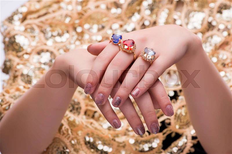Hands with jewellery rings in fashion concept, stock photo