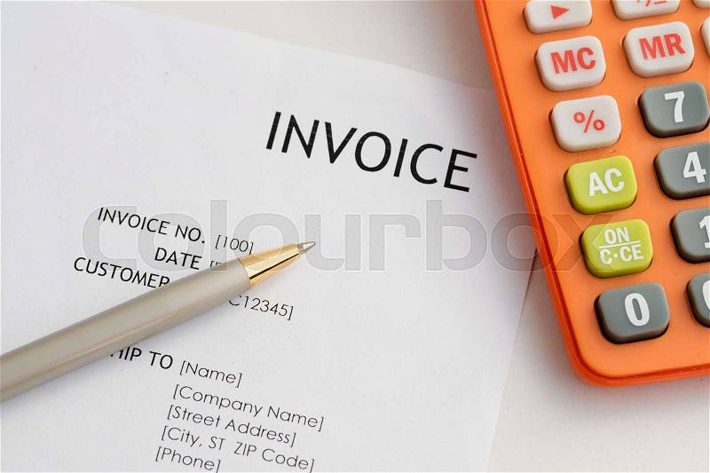 Invoice letter head with pen and calculator / selective focus, stock photo