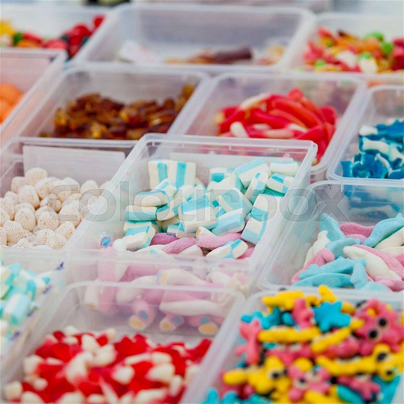 Assorted candy in a market. colorful candies and jellies, stock photo