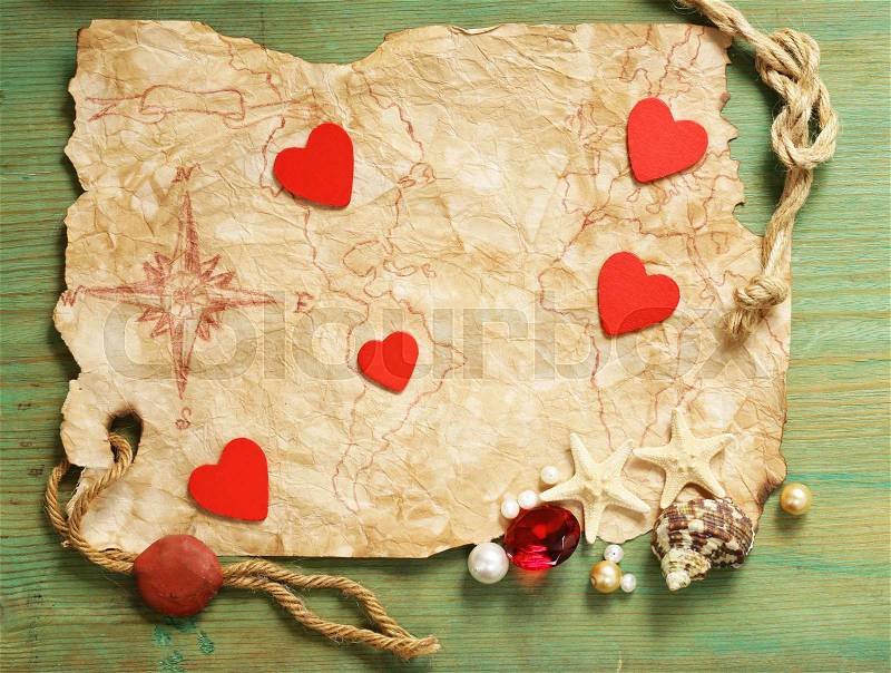 Vintage map and accessories for the treasure hunt and travel, stock photo