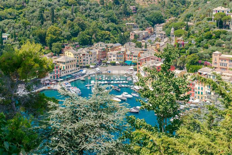 Pleasure boats and yachts in the harbor village of Portofino. Italy. Liguria. Cinque Terre, stock photo