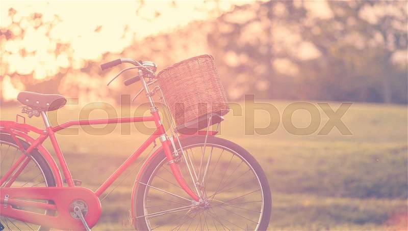 Red Japan style classic bicycle at the park with lens flare. Warm toning effect. Retro and vintage style, stock photo