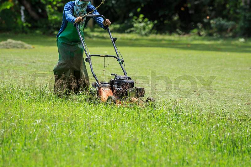 A worker mowing grass in the garden, stock photo