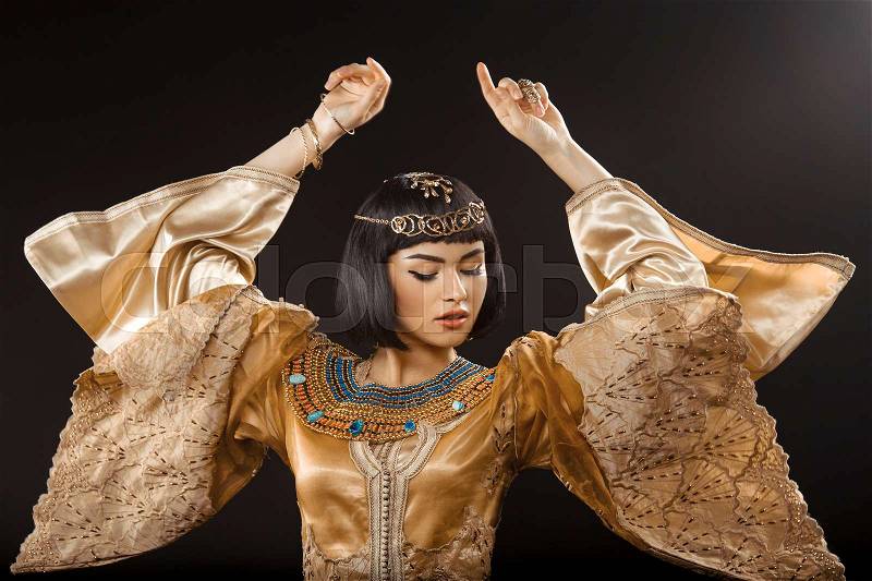 Fashion Stylish Beauty Portrait with Black Short Haircut and Professional Make-Up of Cleopatra. Beautiful Dancer Girl, stock photo